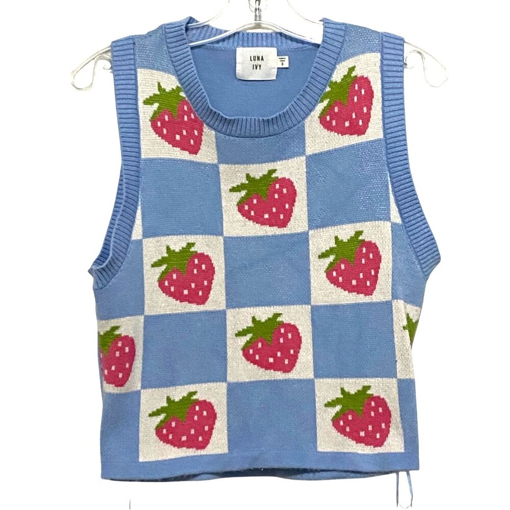 Luna Ivy Strawberry‎ Squares Sleeveless Knit Vest Girls S Preppy Kawaii Kidcore